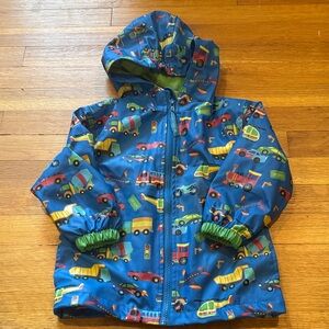 Stephen Joseph Blue Hooded Rain Jacket with Colorful Vehicle Print